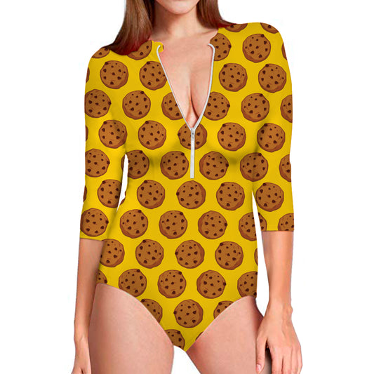 Yellow Cookie Pattern Print Long Sleeve Swimsuit