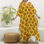 Yellow Cookie Pattern Print Silk V-Neck Kaftan Dress