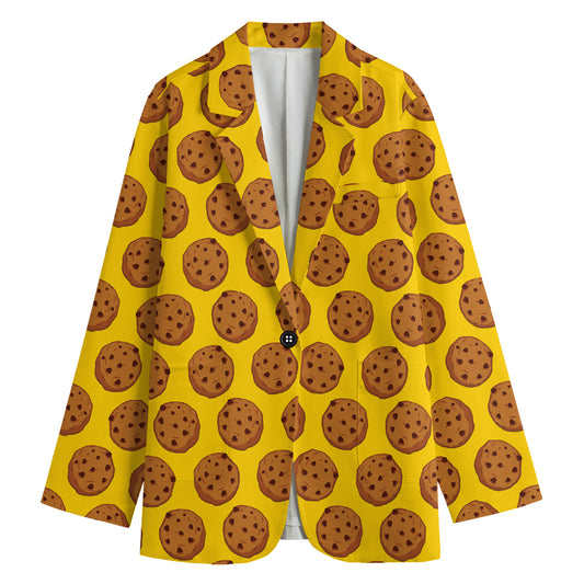 Yellow Cookie Pattern Print Women's Cotton Blazer