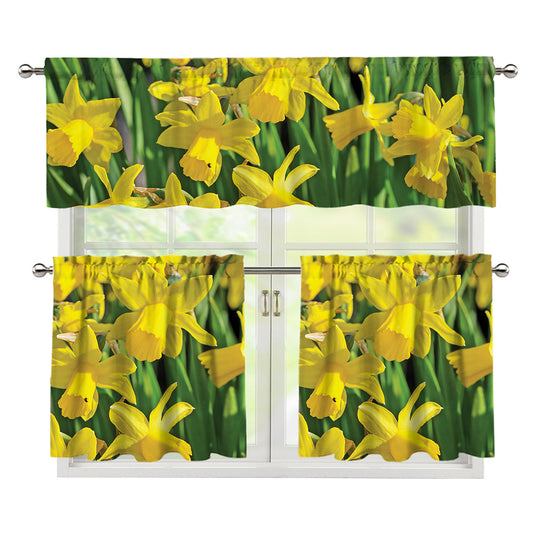 Yellow Daffodil Flower Print 3 Piece Kitchen Curtains
