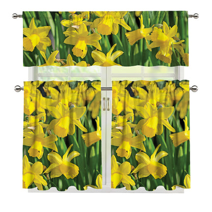 Yellow Daffodil Flower Print 3 Piece Kitchen Curtains