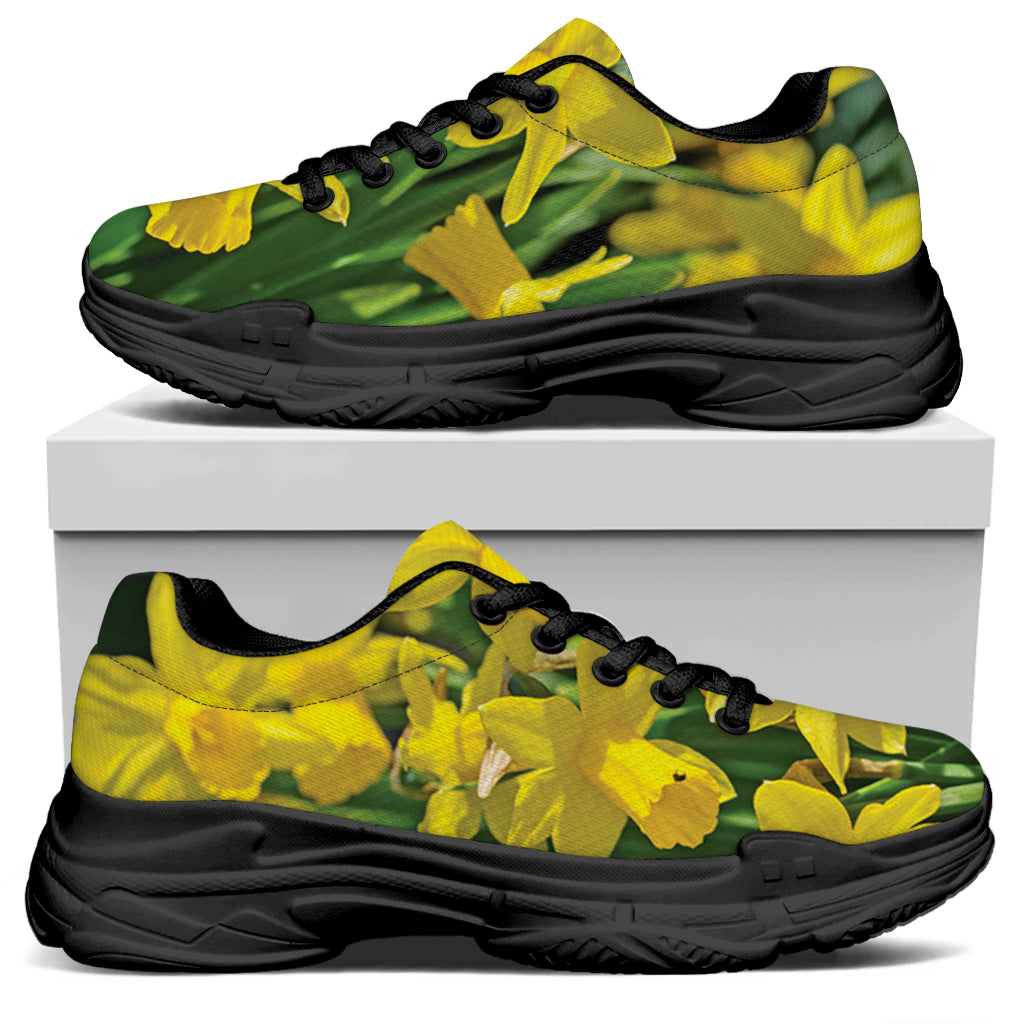 Yellow Daffodil Flower Print Black Chunky Shoes