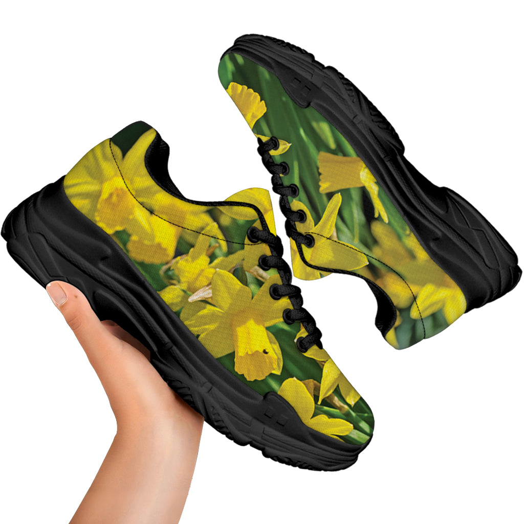 Yellow Daffodil Flower Print Black Chunky Shoes