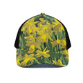Yellow Daffodil Flower Print Black Mesh Trucker Hat