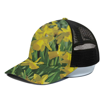 Yellow Daffodil Flower Print Black Mesh Trucker Cap