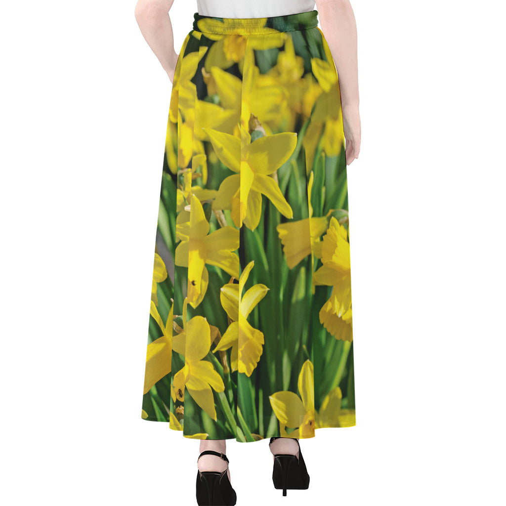 Yellow Daffodil Flower Print Chiffon Maxi Skirt