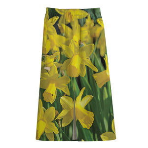 Yellow Daffodil Flower Print Cotton Front Slit Maxi Skirt