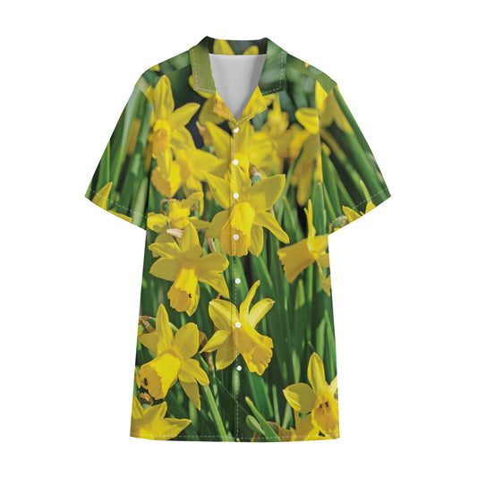 Yellow Daffodil Flower Print Cotton Hawaiian Shirt