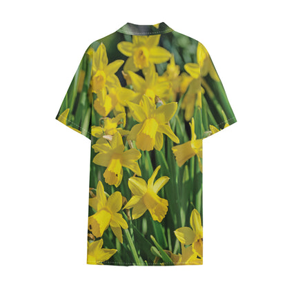 Yellow Daffodil Flower Print Cotton Hawaiian Shirt
