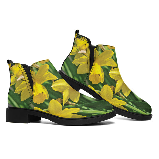 Yellow Daffodil Flower Print Flat Ankle Boots
