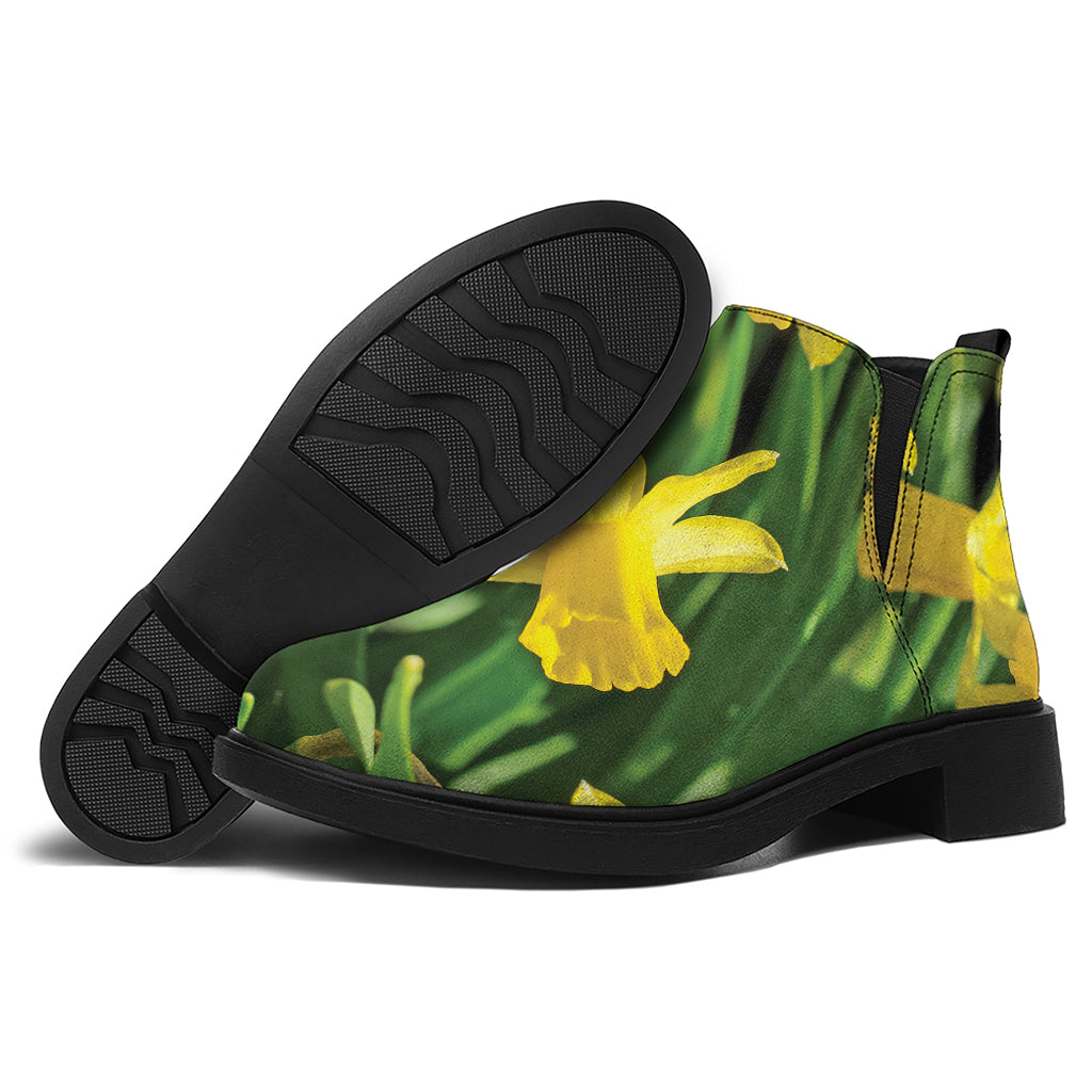 Yellow Daffodil Flower Print Flat Ankle Boots