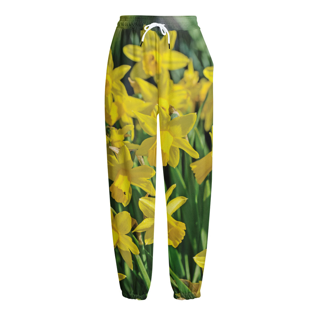 Yellow Daffodil Flower Print Fleece Lined Knit Pants