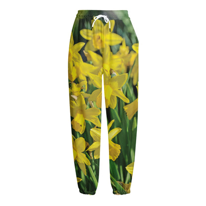 Yellow Daffodil Flower Print Fleece Lined Knit Pants