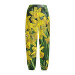 Yellow Daffodil Flower Print Fleece Lined Knit Pants