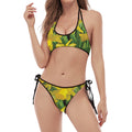 Yellow Daffodil Flower Print Halter Scoop Tie Side Bikini