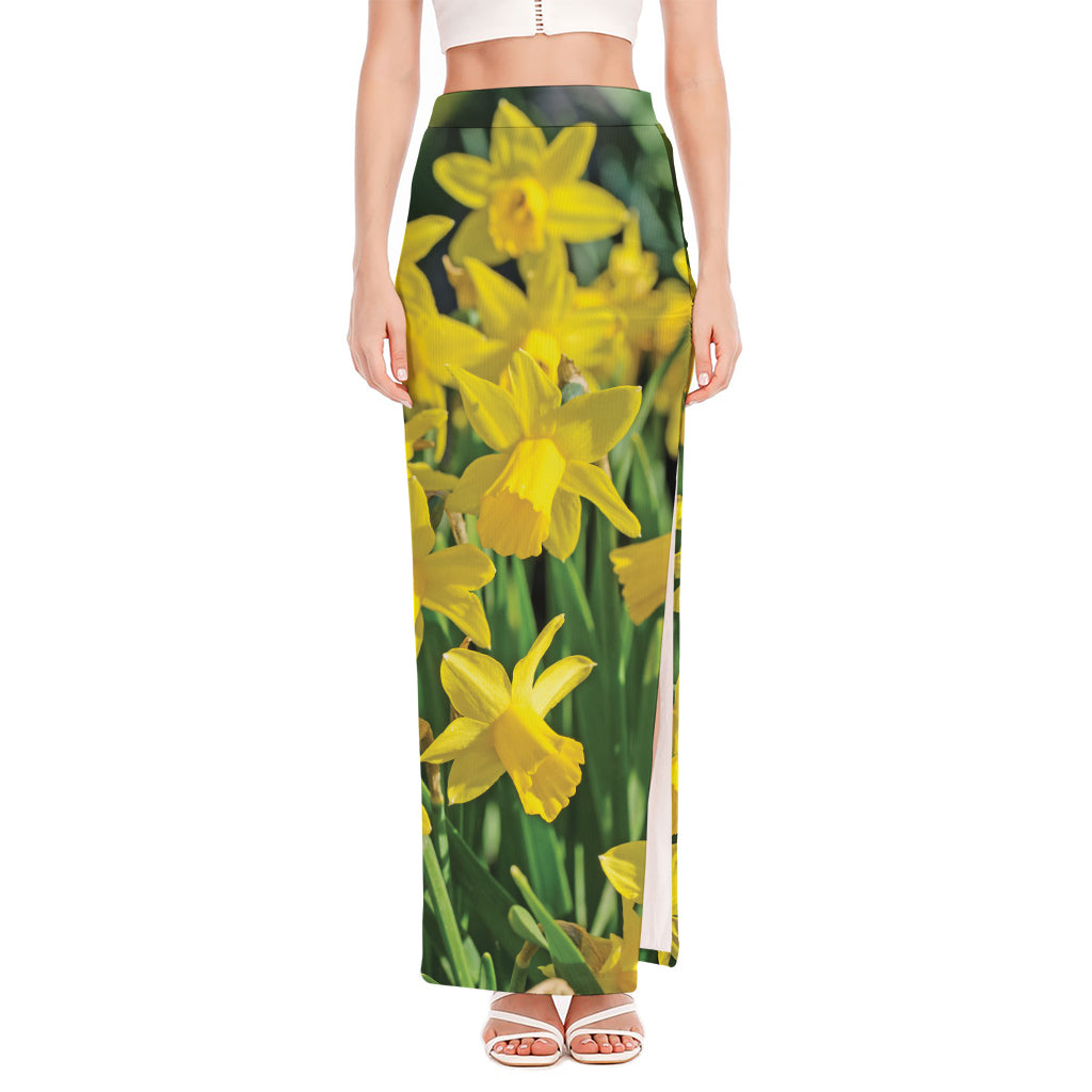 Yellow Daffodil Flower Print High Slit Maxi Skirt