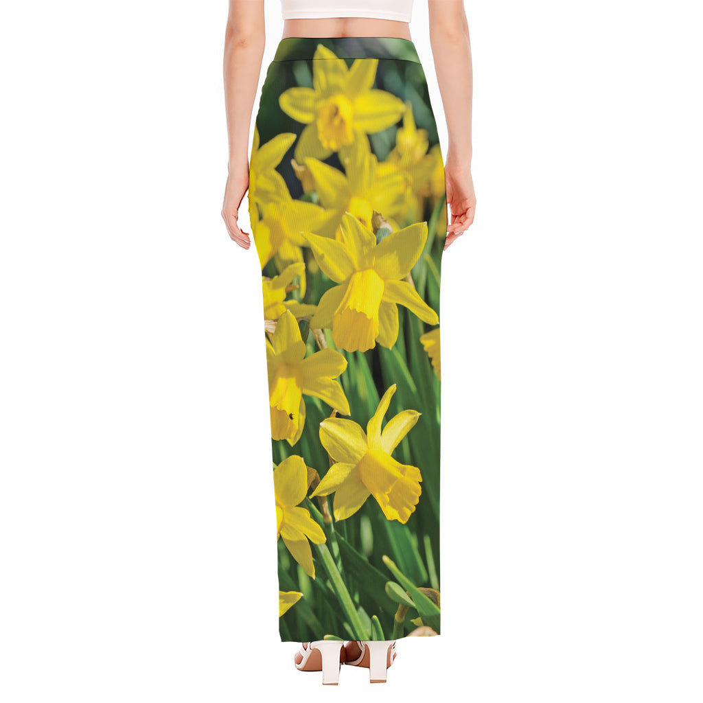 Yellow Daffodil Flower Print High Slit Maxi Skirt