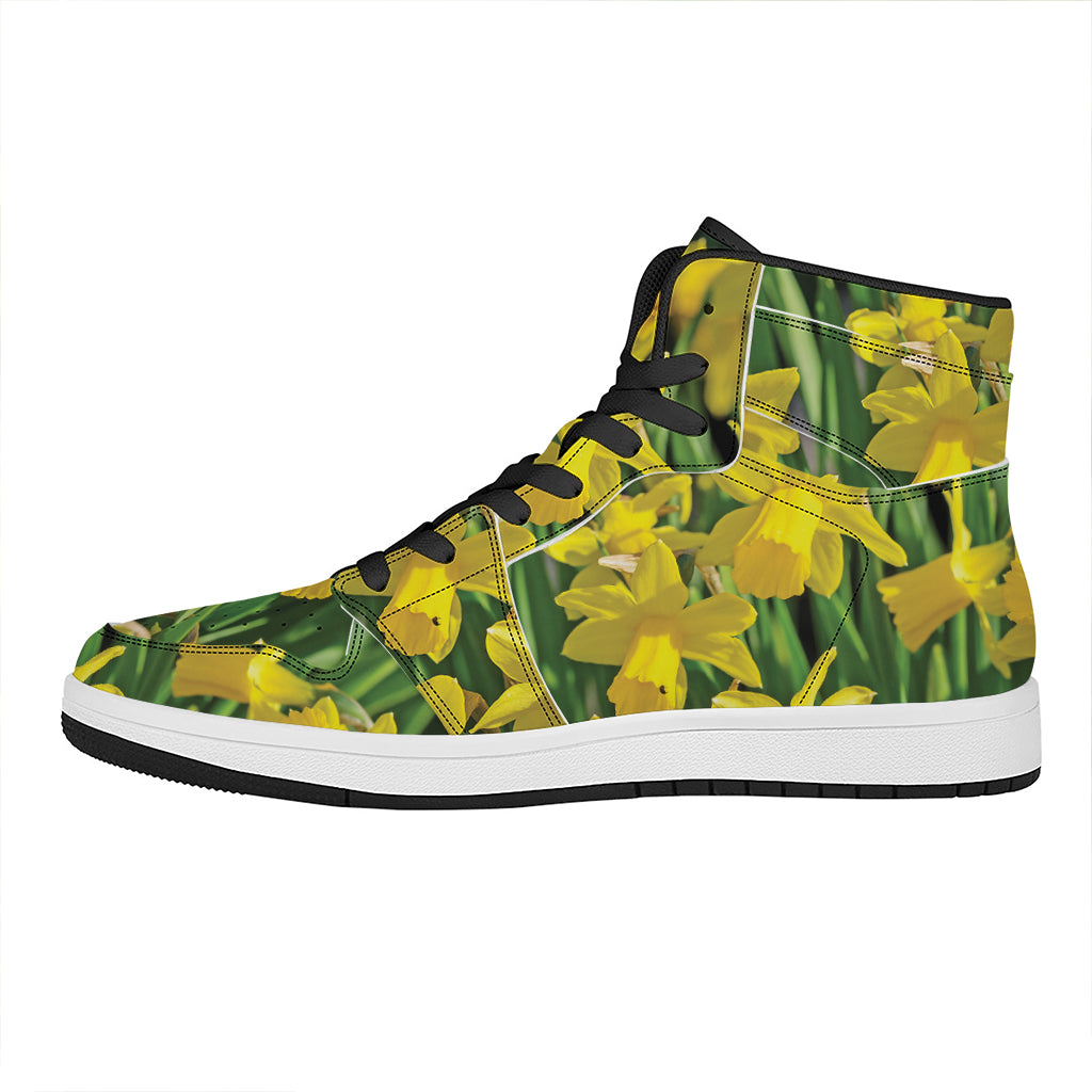 Yellow Daffodil Flower Print High Top Leather Sneakers