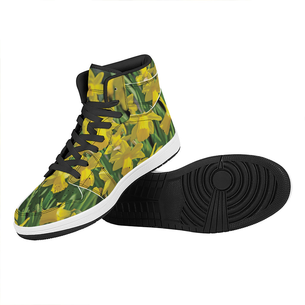Yellow Daffodil Flower Print High Top Leather Sneakers