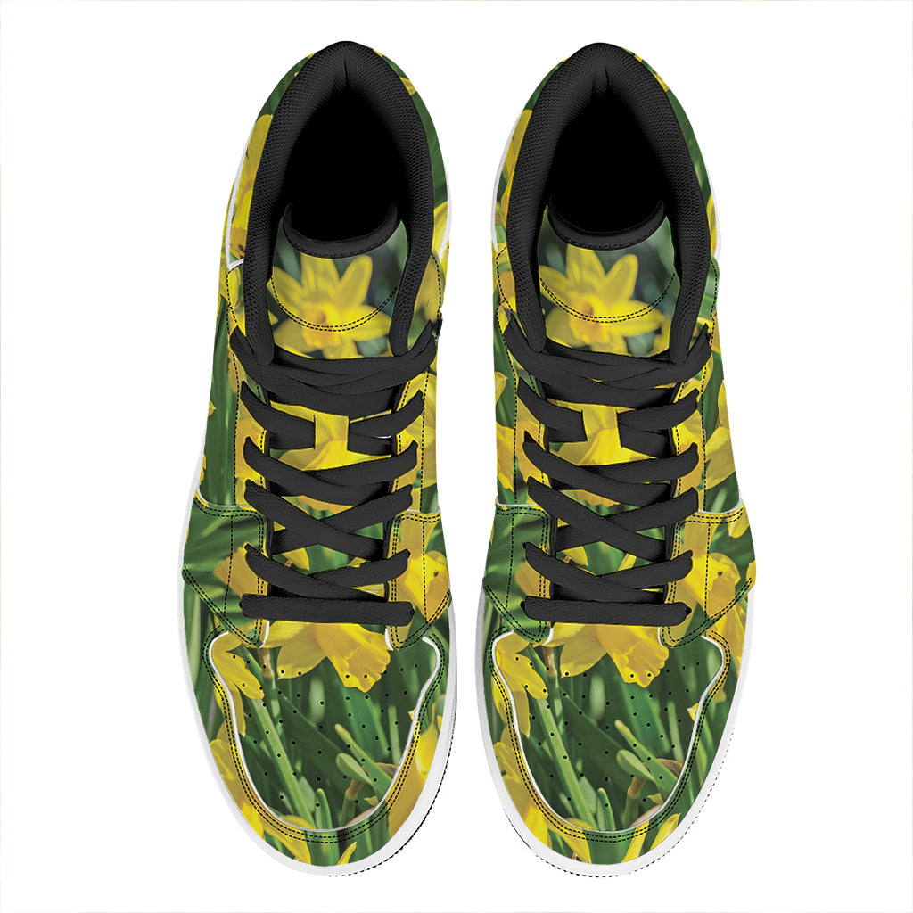 Yellow Daffodil Flower Print High Top Leather Sneakers