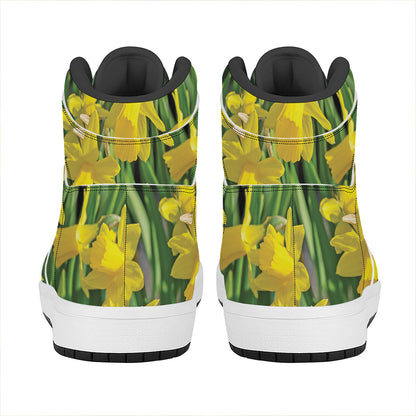Yellow Daffodil Flower Print High Top Leather Sneakers