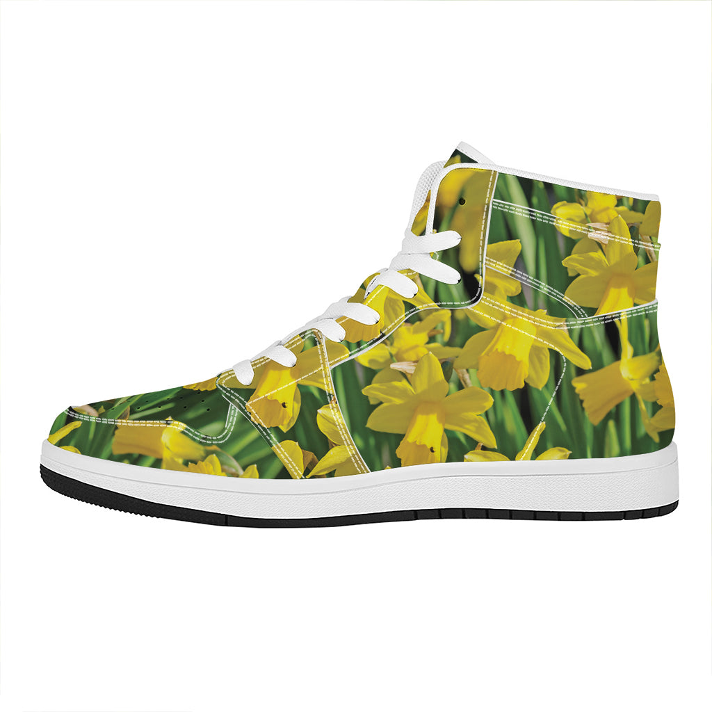 Yellow Daffodil Flower Print High Top Leather Sneakers