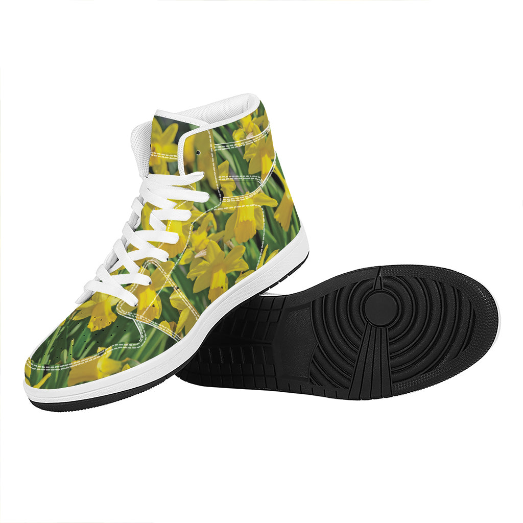 Yellow Daffodil Flower Print High Top Leather Sneakers