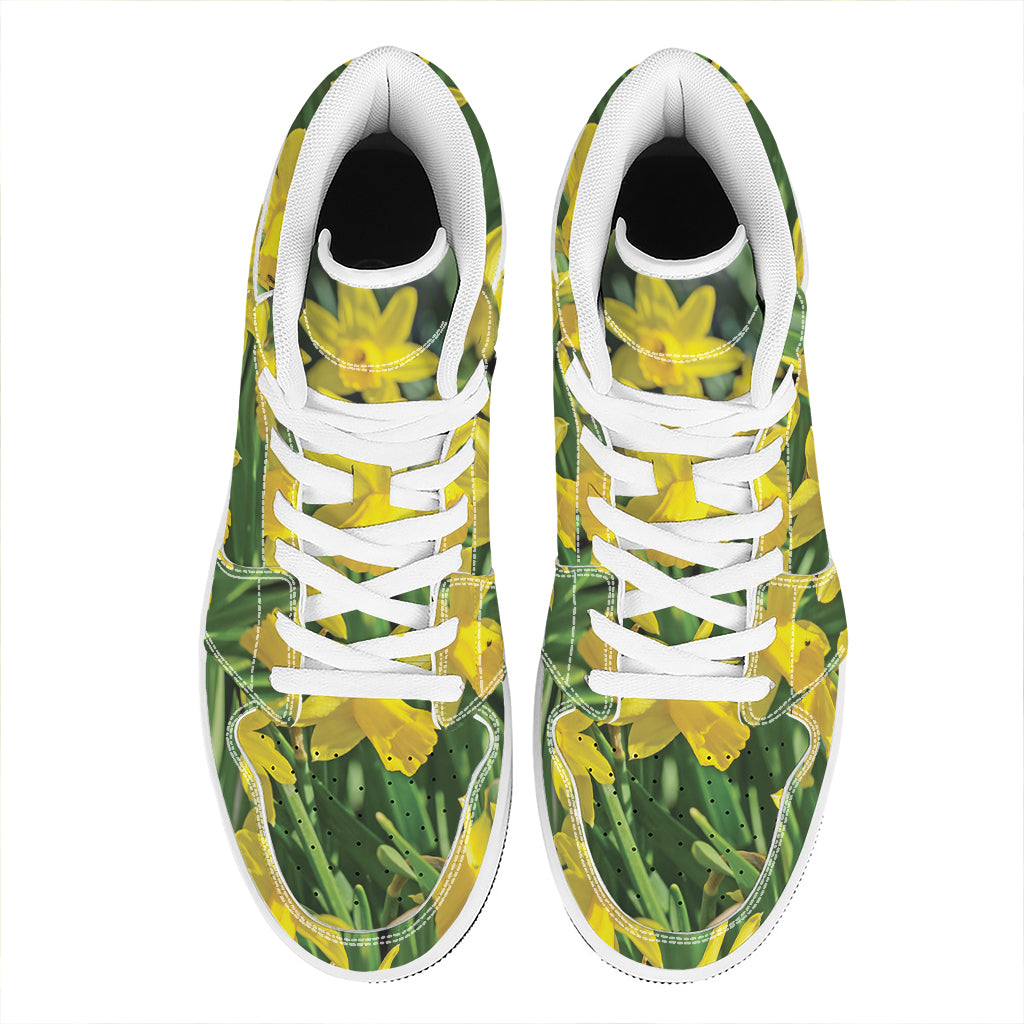 Yellow Daffodil Flower Print High Top Leather Sneakers