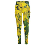 Yellow Daffodil Flower Print High-Waisted Pocket Leggings