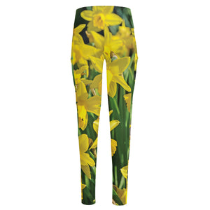 Yellow Daffodil Flower Print High-Waisted Pocket Leggings