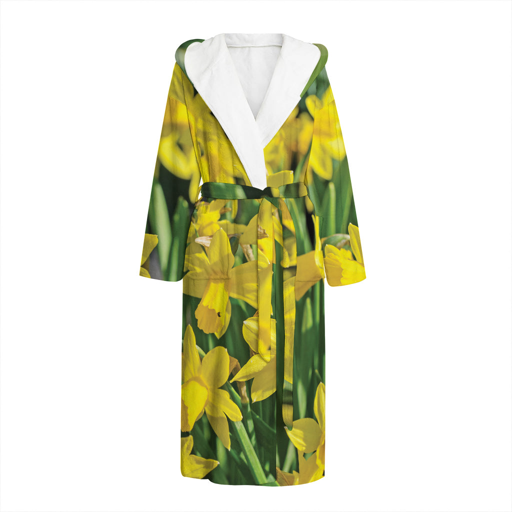 Yellow Daffodil Flower Print Hooded Bathrobe