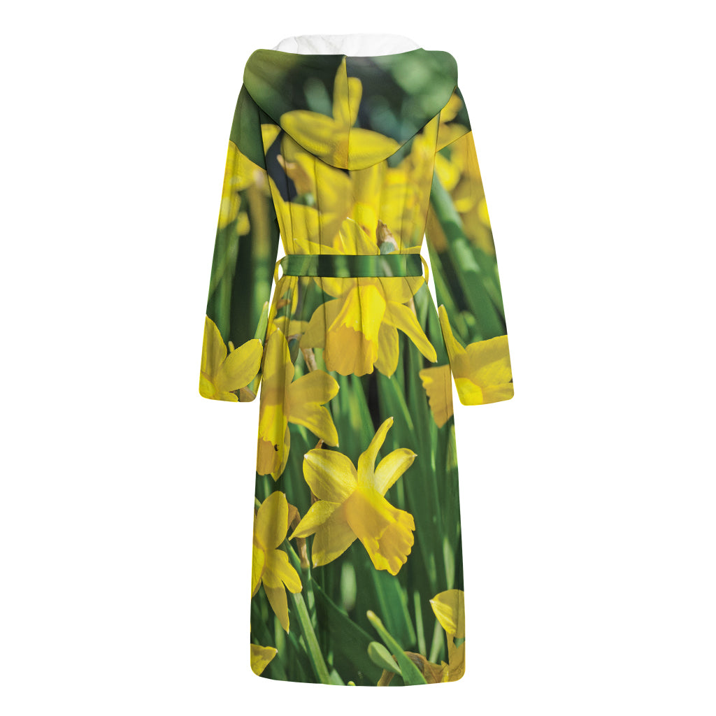 Yellow Daffodil Flower Print Hooded Bathrobe