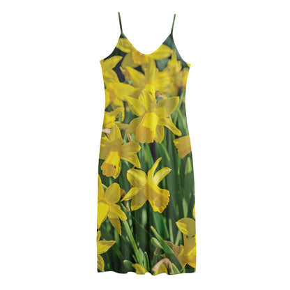 Yellow Daffodil Flower Print Jersey Midi Cami Dress