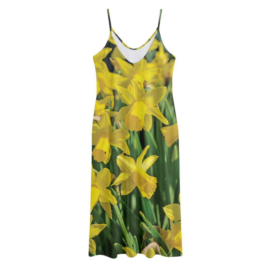 Yellow Daffodil Flower Print Jersey Midi Cami Dress