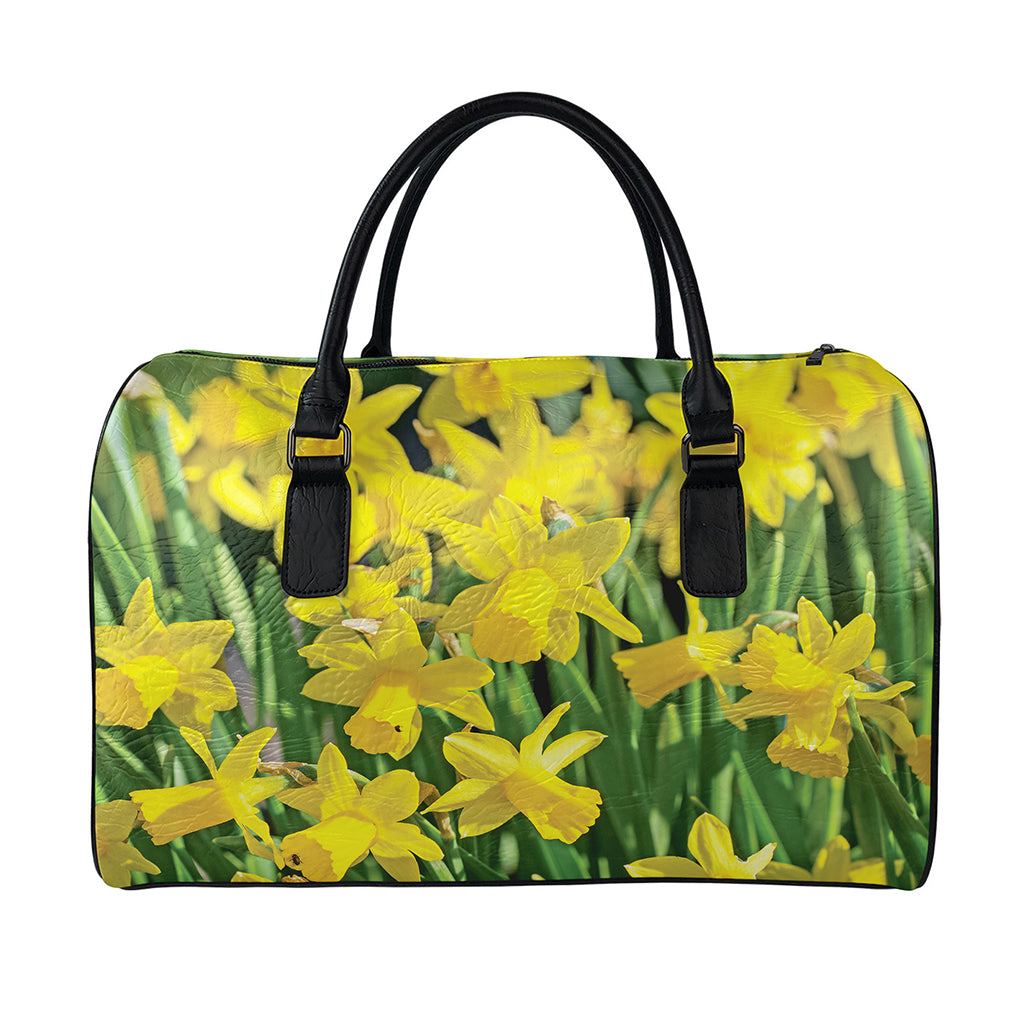 Yellow Daffodil Flower Print Leather Duffle Bag
