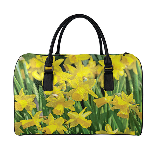 Yellow Daffodil Flower Print Leather Duffle Bag