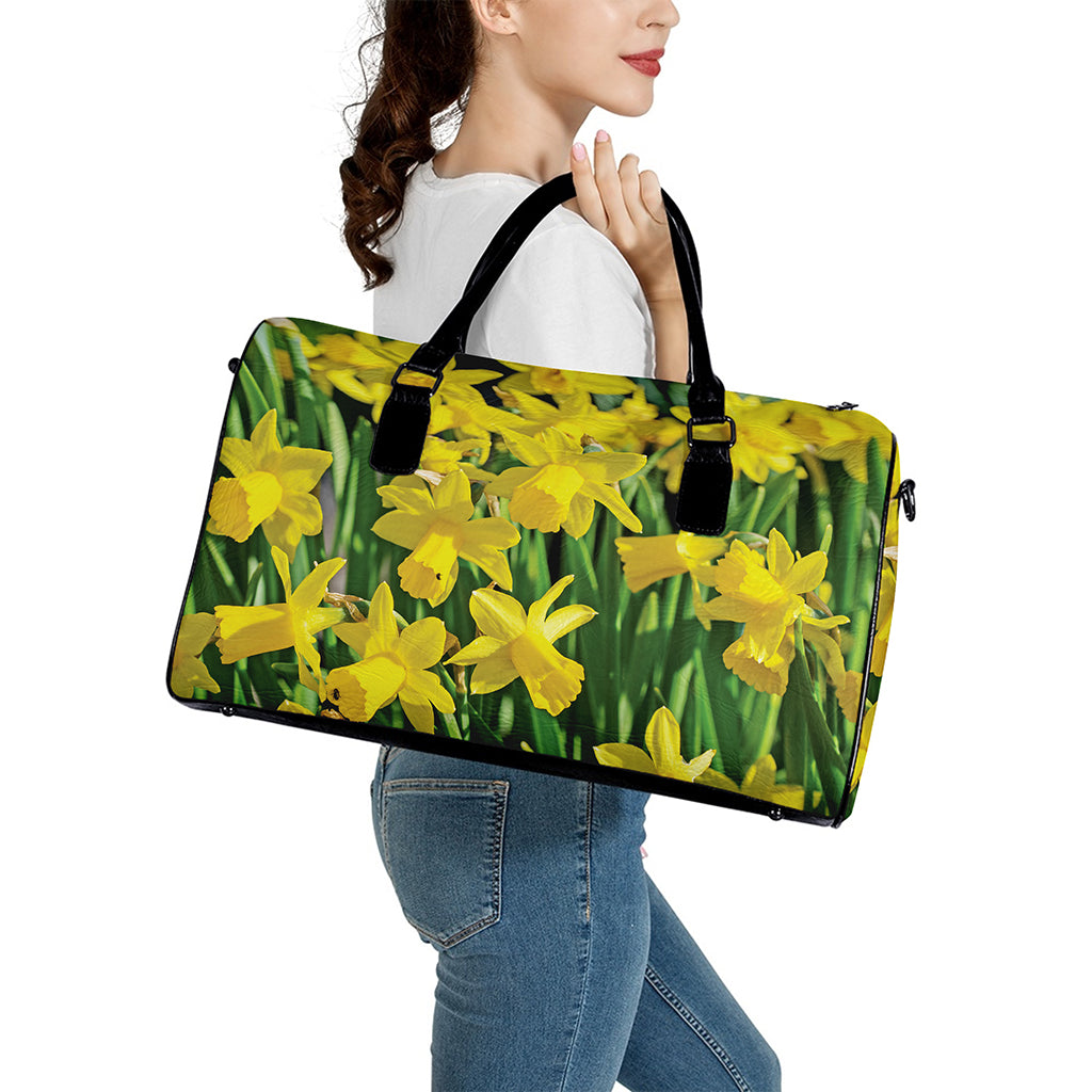 Yellow Daffodil Flower Print Leather Duffle Bag