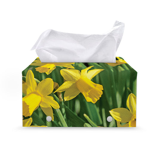 Yellow Daffodil Flower Print Leather Tissue Box Cover