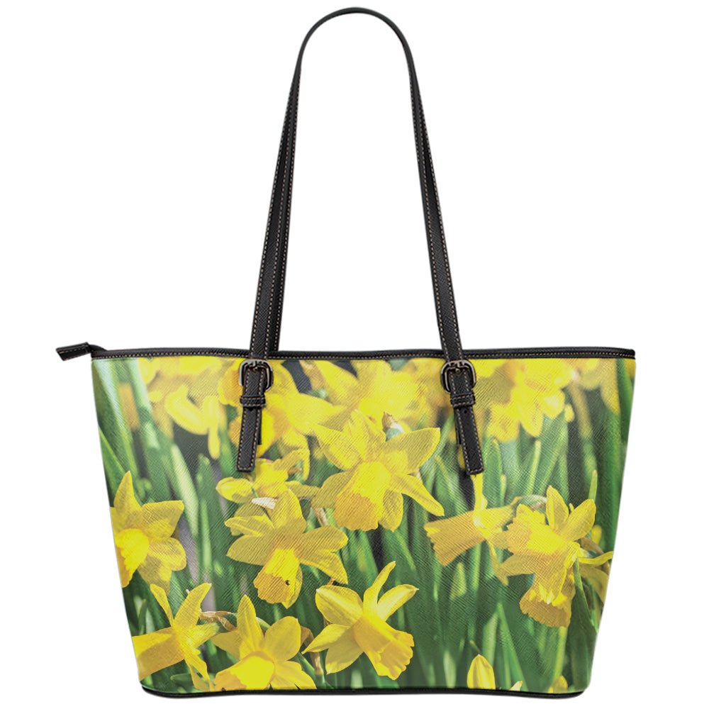 Yellow Daffodil Flower Print Leather Tote Bag