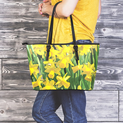 Yellow Daffodil Flower Print Leather Tote Bag