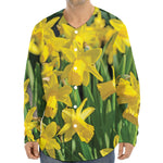 Yellow Daffodil Flower Print Long Sleeve Baseball Jersey