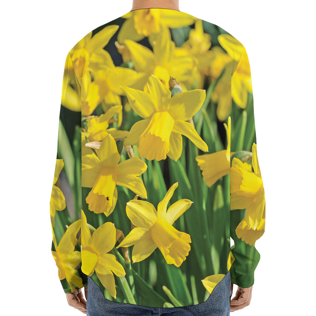 Yellow Daffodil Flower Print Long Sleeve Baseball Jersey