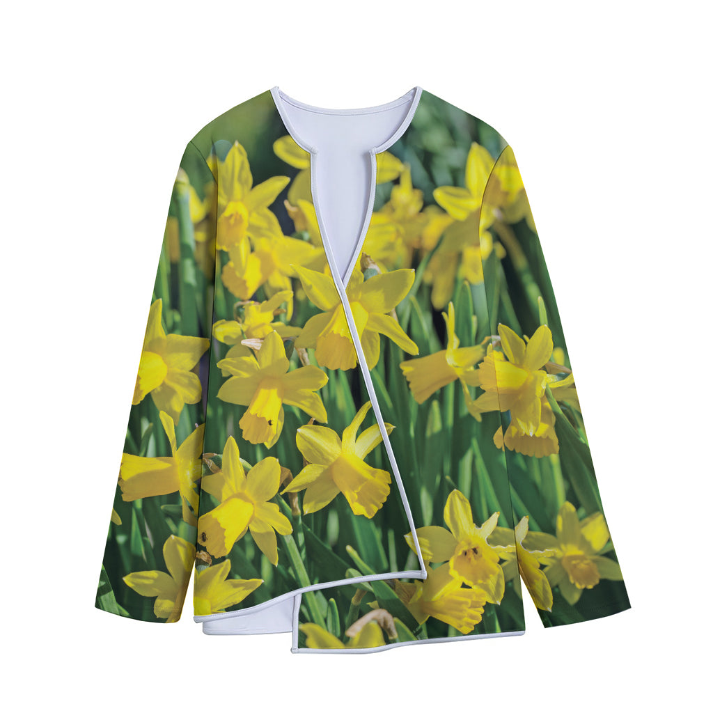 Yellow Daffodil Flower Print Long Sleeve Short Coat