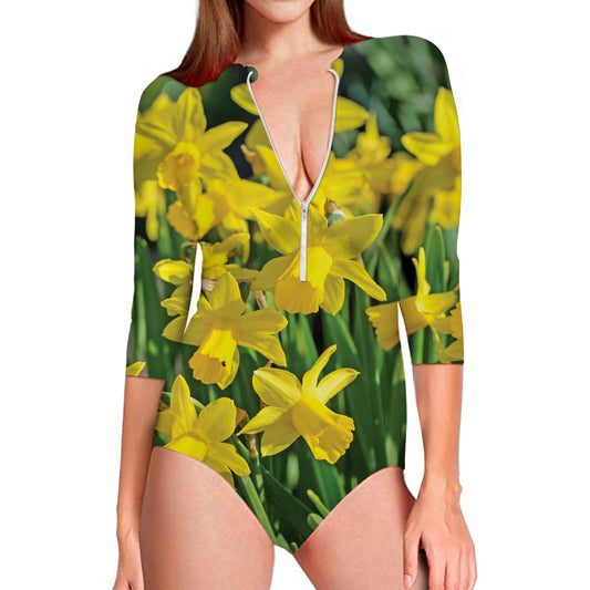 Yellow Daffodil Flower Print Long Sleeve Swimsuit