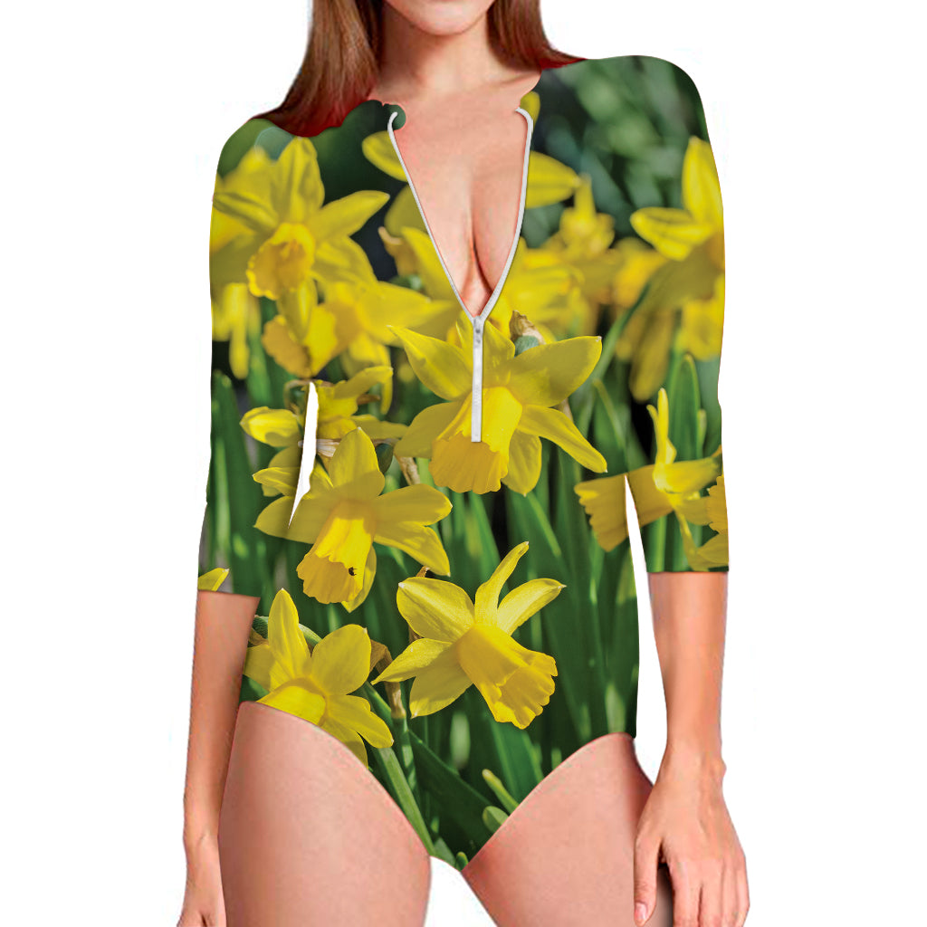 Yellow Daffodil Flower Print Long Sleeve Swimsuit