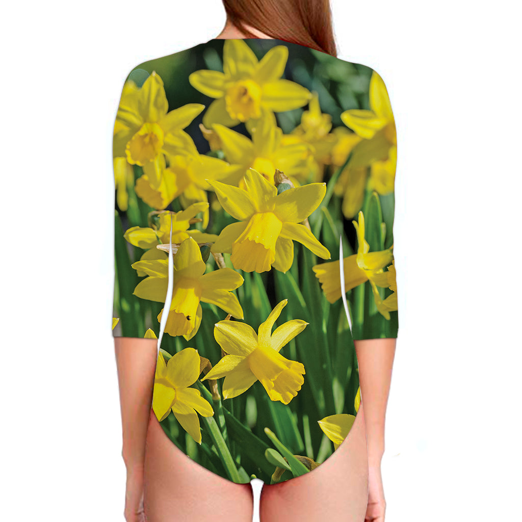 Yellow Daffodil Flower Print Long Sleeve Swimsuit