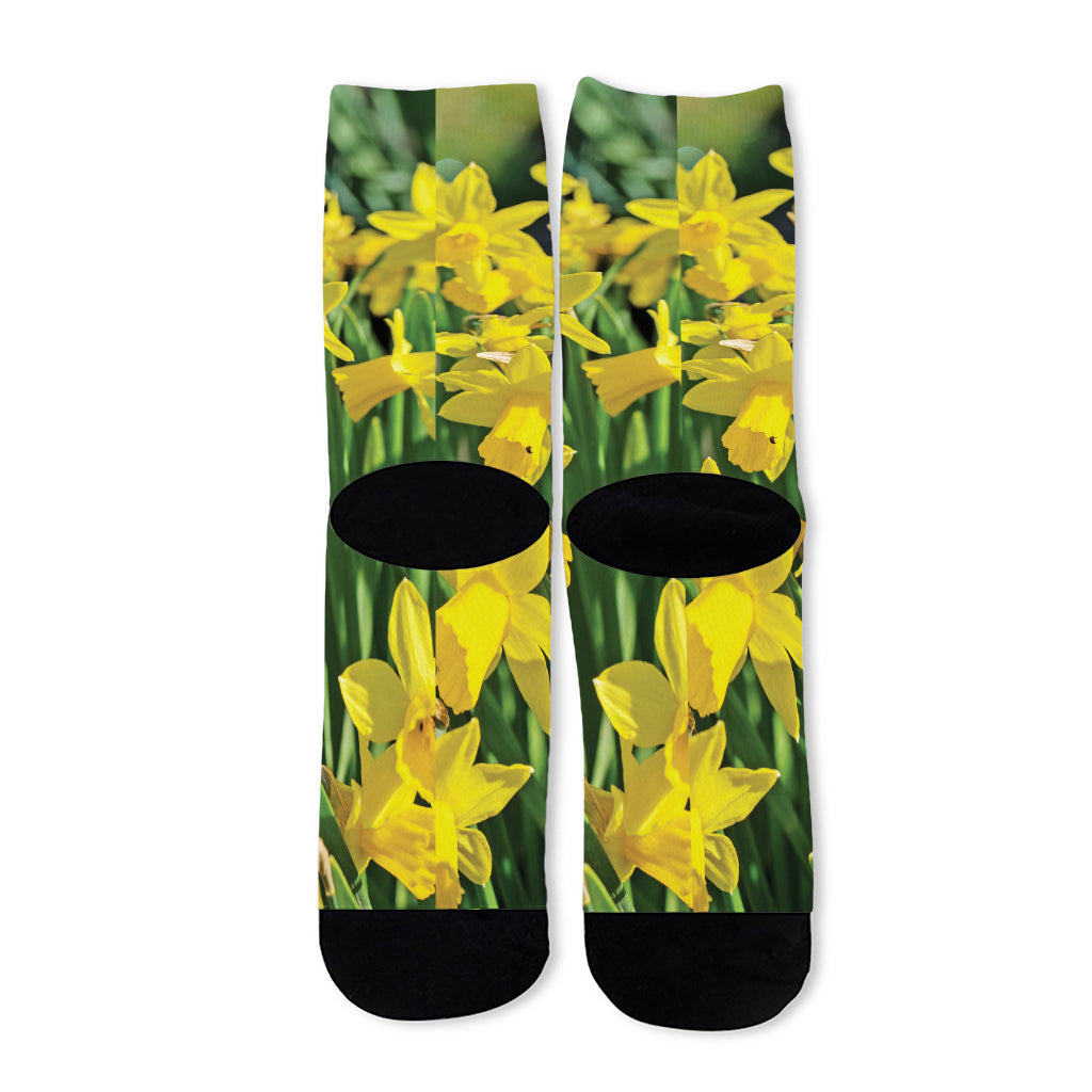 Yellow Daffodil Flower Print Long Socks
