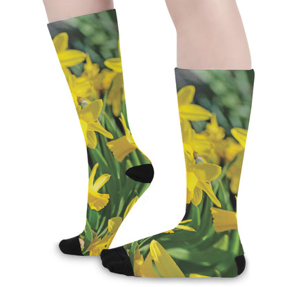 Yellow Daffodil Flower Print Long Socks