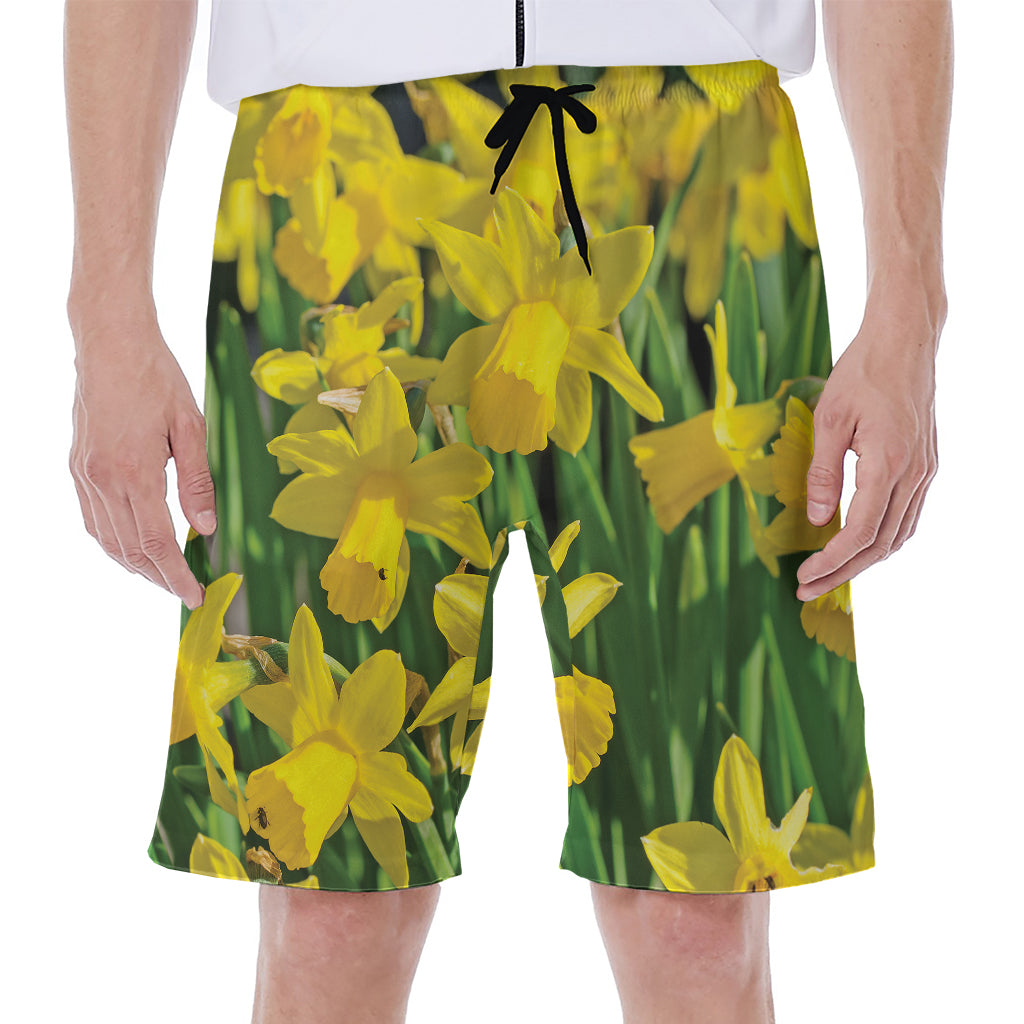 Yellow Daffodil Flower Print Men's Beach Shorts