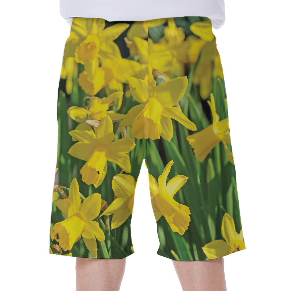 Yellow Daffodil Flower Print Men's Beach Shorts